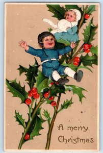 Christmas Children Holly Berries PFB Embossed Chicago Illinois IL Postcard