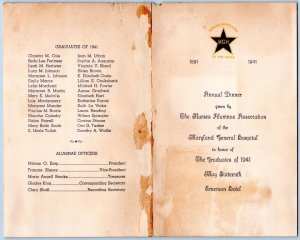 1941 MENU MARYLAND GENERAL HOSPITAL NURSES WITH NAMES EMERSON HOTEL BALTIMORE
