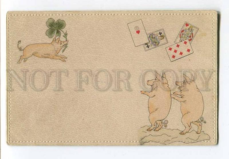 257059 Happy PIG Clover & PLAYING CARDS Vintage OPF postcard