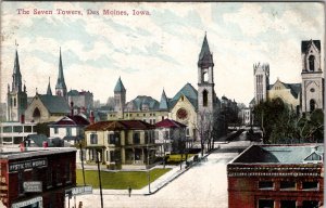 Des Moines Iowa The Seven Towers 1913 to Sutherland IA Postcard X7