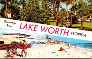 Greetings Lake WOrth Florida Multi View Beach Shoreline Palm Tree Ocean Postcard 