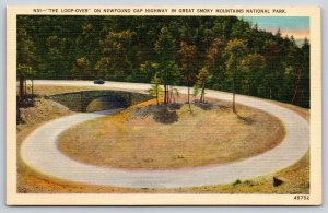 Tennessee~Great Smoky Mts Natl Park~Loop-Over Road Bridge~Linen 1940s Postcard