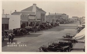 J80/ Biggar Sask. Canada RPPC Postcard c1920 Main Street Auto Stores  6