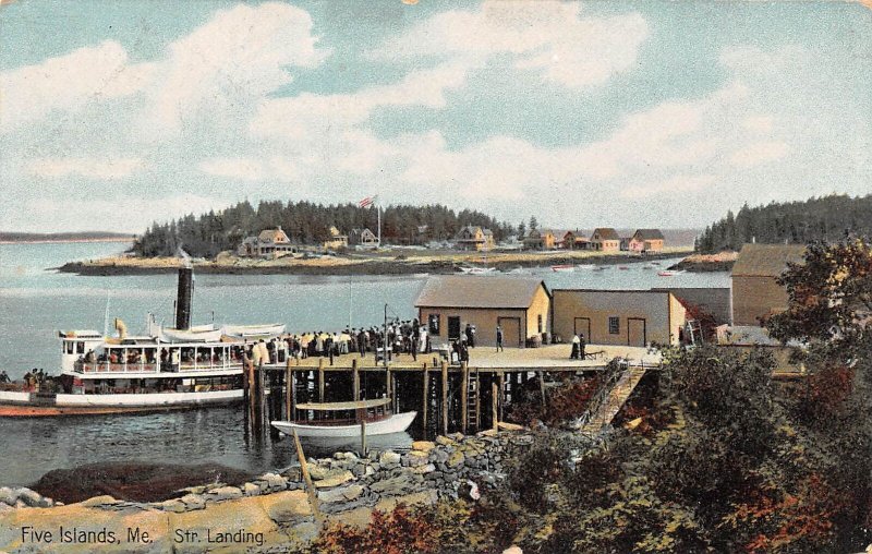 Five Islands Maine Boat Landing/Dock Scene, Color Lithograph Vintage PC U8763