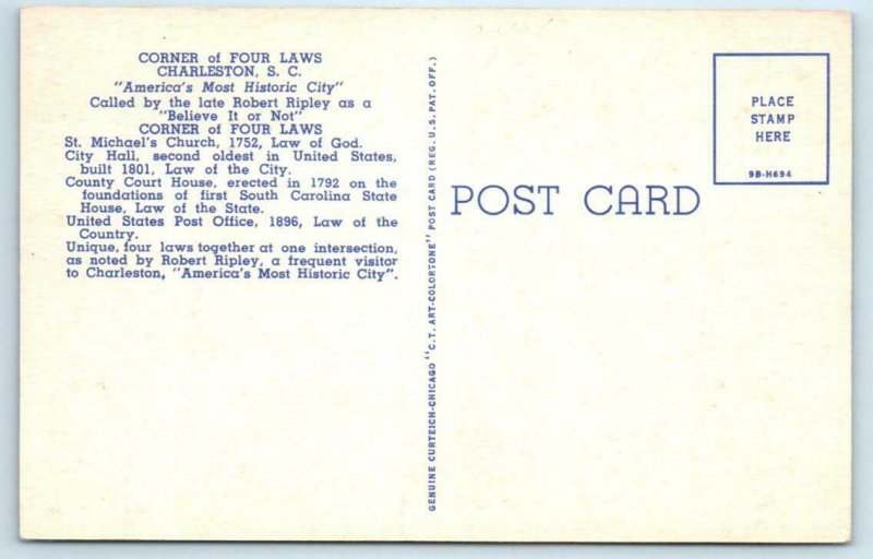 CHARLESTON, SC ~ CORNER of FOUR LAWS Court House, City Hall etc 1940s   Postcard