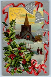 Christmas Postcard Holly Berries Bells Church On Winter Scene c1910's Antique