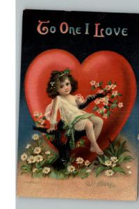Valentine Cupid Flowers Heart Embossed Greeting c1910 Pos...