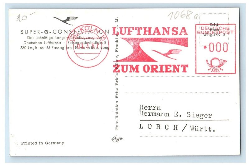 Super G Constellation Lufthansa Stamped Airplane Airline Issued Postcard 