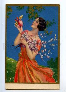 206688 ART DECO Lady EASTER Chicken by CORBELLA vintage PC