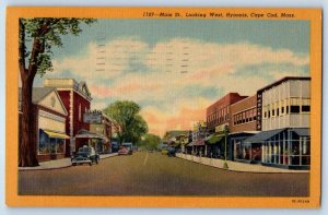 1955 Cape Cod Massachusetts Postcard Main St. Looking West Hyannis Shop Building