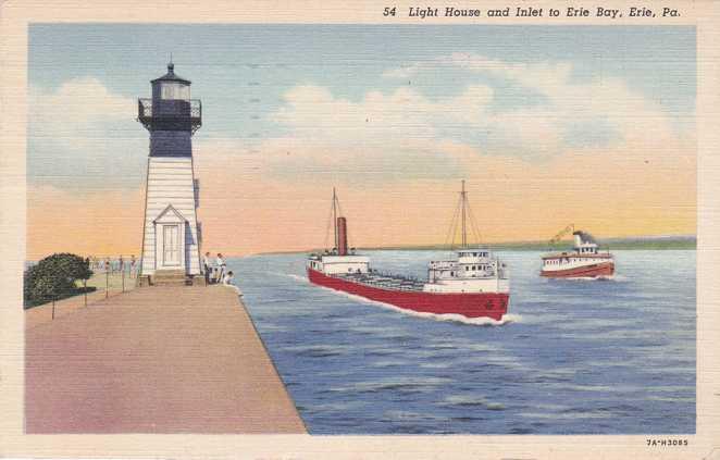 Light House and Freighter at Erie Bay Inlet Erie PA Pennsylvania pm 1943 - Linen