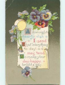 Divided-Back BEAUTIFUL PANSY FLOWERS & PARCHMENT SCROLL o9019
