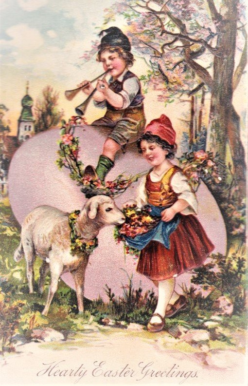 Easter card with two children and a lamb, Embosed