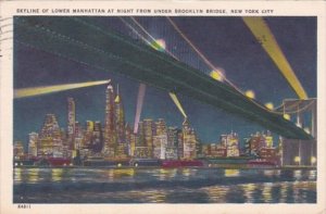 New York City Lower Manhattan Skyline At Night From Under Brooklyn Bridge 1953