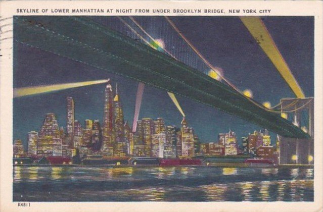 New York City Lower Manhattan Skyline At Night From Under Brooklyn Bridge 1953