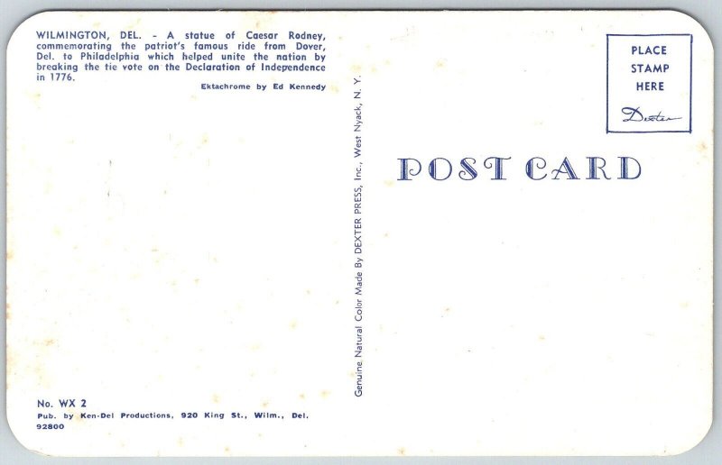 Wilmington Delaware 1950s Postcard Caesar Rodney Signer Declaration Statue