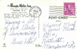 Charlotte North Carolina 1963 Postcard Manger Motor Inn Motel