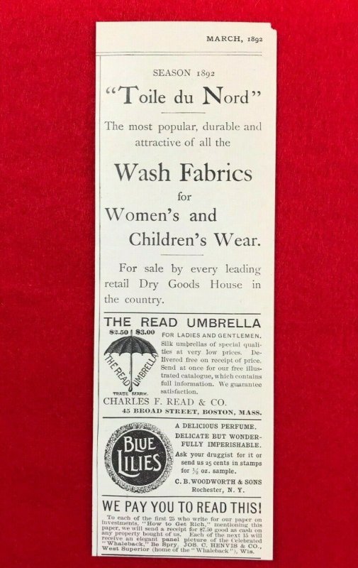 1892 Toile du Nord Read Umbrella Victorian Print Ad 2V1-104 