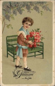 New Year Little Boy with Roses Gluckwunsch c1910 Vintage Postcard