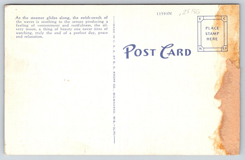 Transportation~Boat~Passenger Steamer Glides Along River In Moonlight~Linen PC