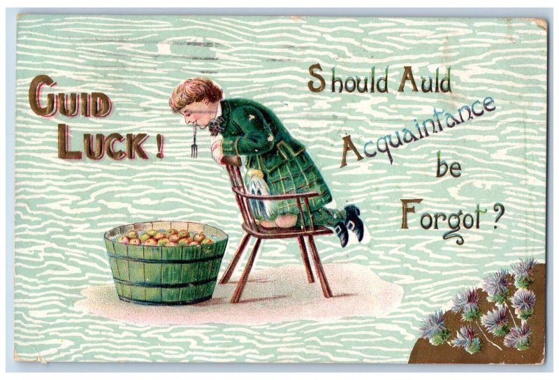 Cincinnati Iowa IA Postcard Guid Luck Boy Apple Bobbing Embossed 1908 Antique