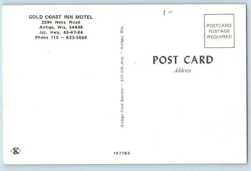 Antigo Wisconsin Postcard Gold Coast Inn Motel Neva Road Exterior Building c1960