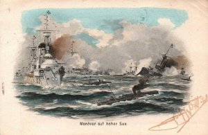 WWI Germany Imperial Navy Cruisers SMS Maneuvers at Sea Rare Art Painting