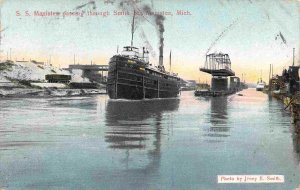 Steamer Manistee Passing Through Smith St Bridge Manistee Michigan 1913 postcard