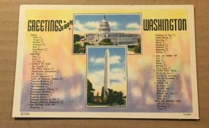 VINTAGE LINEN POSTCARD UNUSED GREETINGS FROM WASHINGTON, D.C.