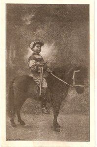 Litthe rider on his horse Old vintage French, artist signed, postcard