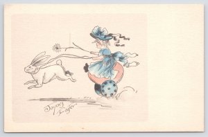 Joyous Easter Sketch~Rabbit Pulling Lady On Electric Scooter~Blue Dress~Vintage