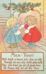 CHILDREN CHRISTMAS HOLIDAY MILK TOAST D.G. HAYS ARTIST SIGNED POSTCARD 1916