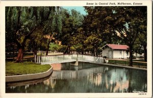 Scene in Central Park, Footbridge Over Pond, McPherson KS Vintage Postcard E44