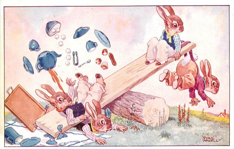 Vintage Postcard; Dressed Bunny See Saw Accident w/ Tea Set, A/S Cyril Cowell