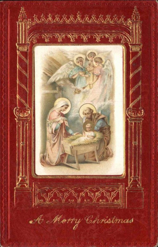 Christmas Joseph and Mary with Baby Jesus Nativity Gilt Inlay Embossed c1910 PC