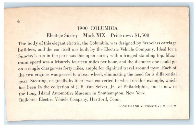 Columbia Electric Surrey Vehicle Car Mark XIX Advertising Hartford CT Postcard 