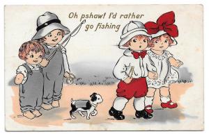 Valentine Postcard Children I'd rather go fishing Boy Dog 