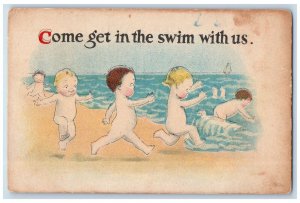 c1910's Babies At Beach Come Get In The Swim With Us Unposted Antique Postcard 