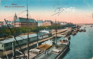 Navigation & sailing themed old postcard Mainz pier dock coal barge cargoboat