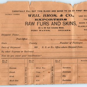 c1890s Fort Wayne, IN Letterhead Weil Bros Raw Furs & Skins Unused Receipt  R1