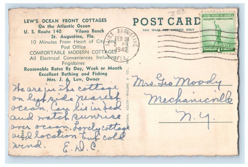 1942 Lew's Ocean Front Cottages Route 160 St. Augustine Florida FL Postcard