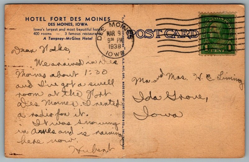 Postcard Des Moines IA c1938 Hotel Fort Des Moines A Tangney McHinn Hotel