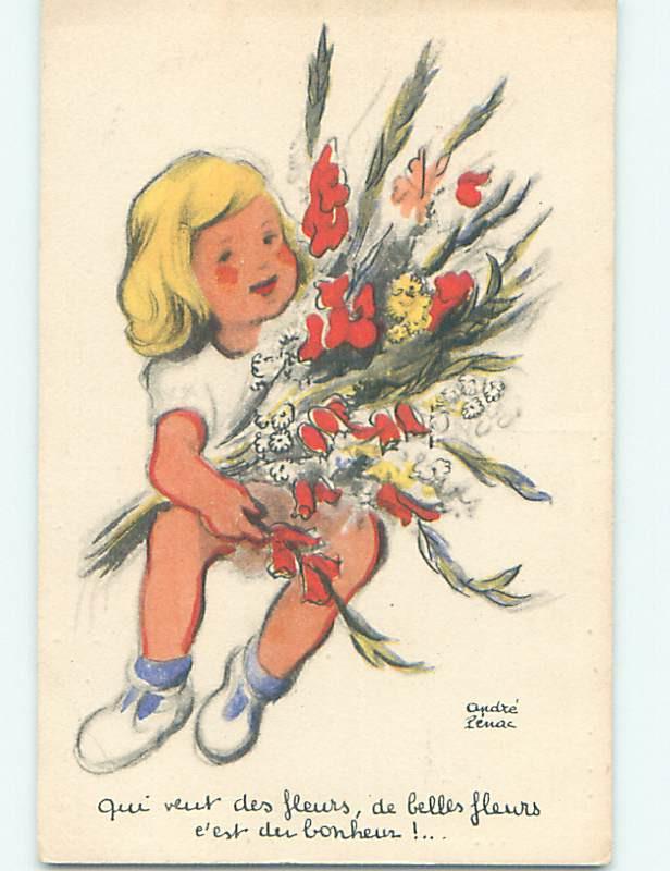 Pre-Linen foreign signed CUTE BLONDE FRENCH GIRL HOLDING FLOWERS J4906