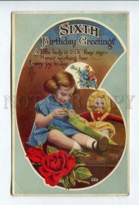 427270 6th BIRTHDAY greeting Girl w/ DOLL Vintage ART-PHOTO PC