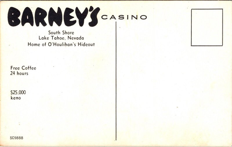 Barneys Casino South Shore Lake Tahoe Nevada NV Postcard UNP VTG Unused Vintage 