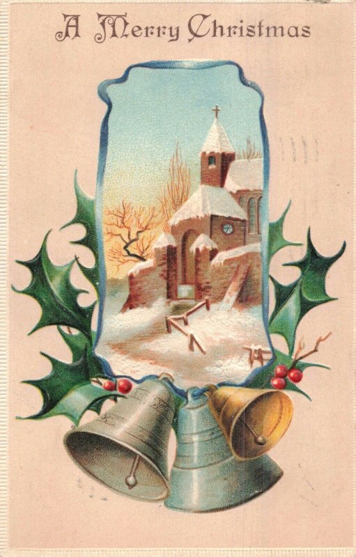 Circa 1908Snow Covered Church Bells Holly Berries Christmas Embossed Postcard