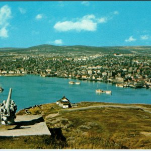 c1960s St John's NL Postcard Portuguese White Fleet Fishing Ships Harbour Gun
