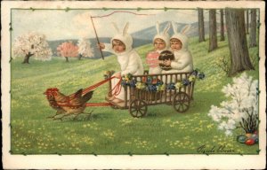 Pauli Ebner - Cute Kids in Rabbit Costumes Chicken Pull Wagon Postcard c1915 