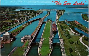 Vtg The Soo Locks and International Bridge Sault Ste Marie Michigan MI Postcard