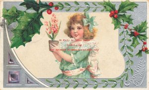 Christmas, Unknown No UP100-2, Brundage, Girl With Flower Pot, Holly